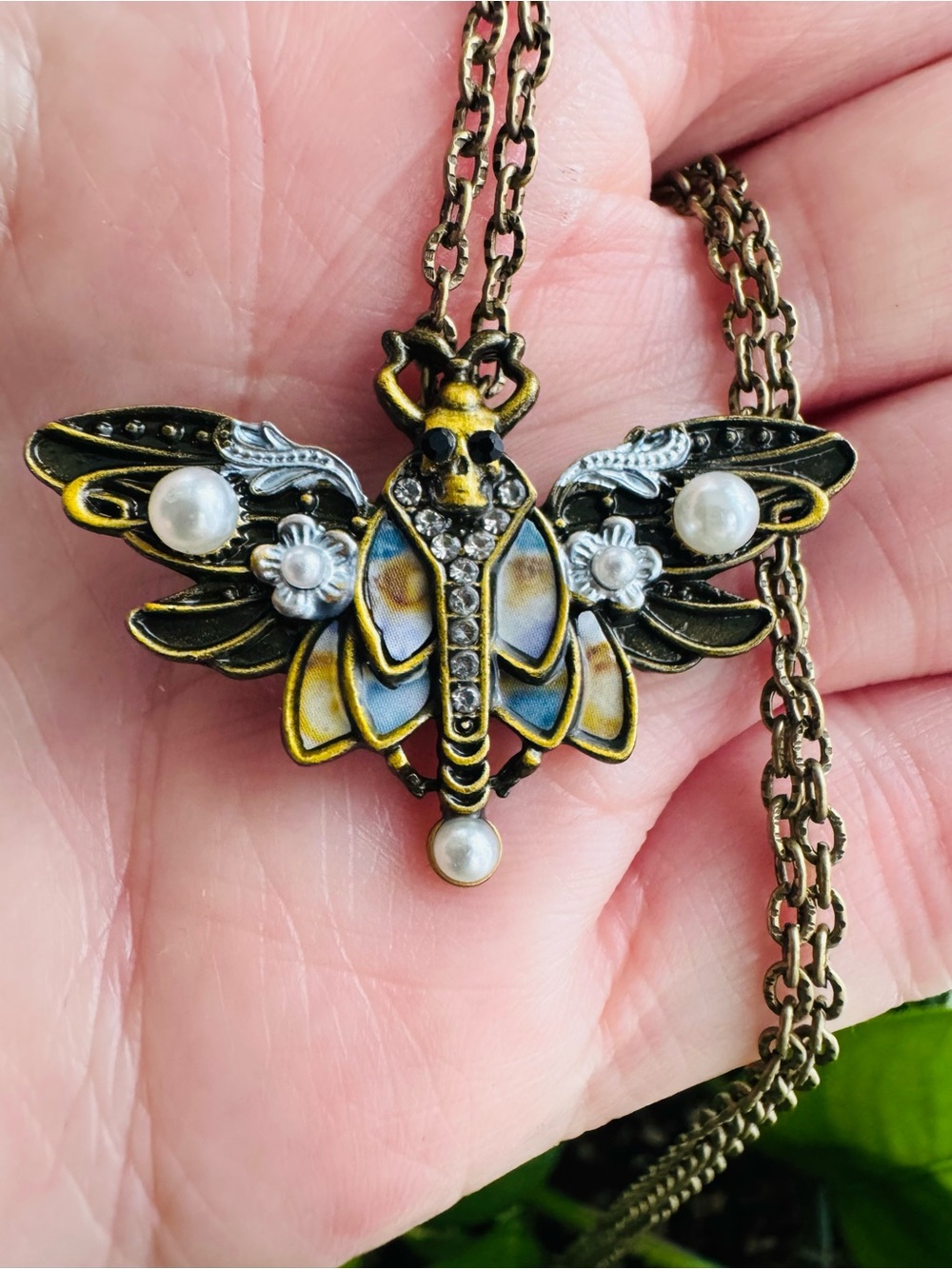 Vintage-Inspired Vintage Moth Pendant Necklace with skull chain 20”